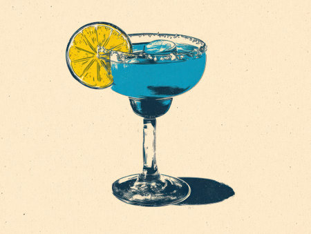 An illustrated cocktail glass filled with a vibrant blue liquid and a yellow lemon slice sits against a neutral backdrop. The artwork showcases a vintage style with a focus on simple shapes, contrasting colors, and a single light source. This image could be used for advertising, editorial content, or design projects.の素材