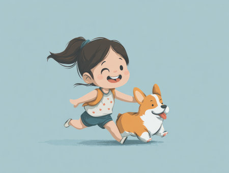 This illustration depicts a cheerful girl running alongside her corgi dog against a pale blue backdrop. The artwork showcases a cartoon style with soft colors and smooth textures. It features an overhead perspective with playful design elements. Suitable for various applications, including children's books, educational materials, and website graphics.の素材