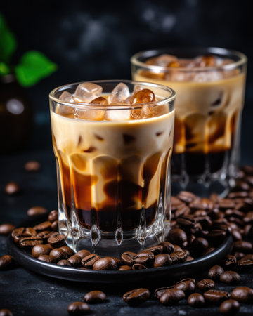 Two refreshing iced coffee drinks with layers of coffee and cream are displayed. The beverages are in clear glasses filled with ice. Surrounding the glasses are scattered roasted coffee beans. The lighting is soft, and the composition is a close-up, suitable for food photography and commercial applications.の素材