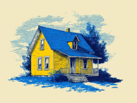 An illustrated house with a blue roof and yellow walls is set against a stylized blue landscape with trees and clouds. The artwork uses a textured style and a limited color palette. It may be suitable for architectural design, residential themes, or illustrating concepts of home and shelter.の素材