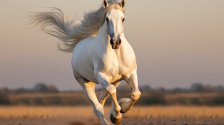 A majestic white horse gallops freely across an expansive field. The image captures the horse's flowing mane and tail, emphasizing movement. Warm sunlight bathes the scene, highlighting the animal's form. Suitable for editorial purposes and commercial use, such as advertising campaigns or nature-themed projects.の素材