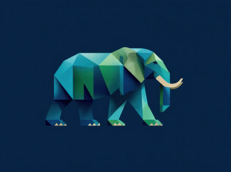 A stylized illustration showcases a geometric elephant rendered in various shades of blue and green. The artwork features a polygonal design with sharp edges, creating a modern, abstract aesthetic. The dark background provides a contrasting backdrop, enhancing the visual impact. Suitable for a range of commercial applications like advertising and design projects.の素材