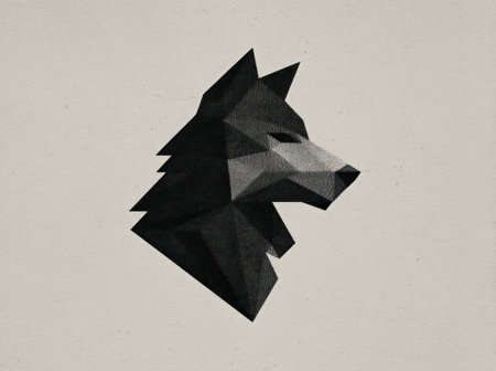 This image presents a stylized, geometric illustration of a wolf's head. The artwork features sharp angles and facets, primarily in shades of gray and black, set against a pale background. The composition is clean and minimalist, suggesting a modern or artistic style. Suitable for various design applications and commercial use.の素材