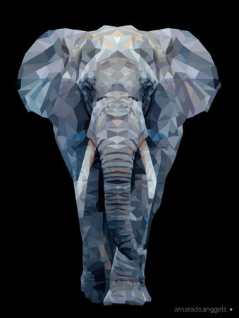 A digitally rendered elephant is showcased with a geometric design. The artwork features a complex arrangement of blue and gray facets on a stark black backdrop. The style is modern, with clear lines and a focus on form. Suitable for decorative applications, or creative editorial use.の素材