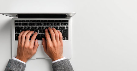 An overhead shot depicts hands poised over a laptop keyboard. The image shows a modern laptop on a white surface, contrasting with the dark keys. The composition offers ample copy space, suitable for various business or technology-related content. It is suitable for diverse editorial and commercial use.の素材