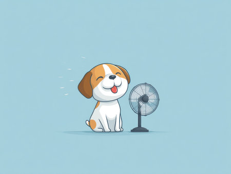 An illustrated image features a smiling dog sitting in front of a rotating fan. The dog exhibits a happy expression, with a pink tongue. The scene has a minimalist style, against a solid blue background. This composition may be suitable for children's content, educational materials, and various commercial applications.の素材