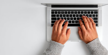 An overhead view displays a person's hands typing on a laptop keyboard. The image shows a close-up of the hands, keyboard, and part of the laptop. Neutral tones and consistent lighting suggest a clean workspace setting. The image is suitable for various commercial uses related to technology and work.の素材