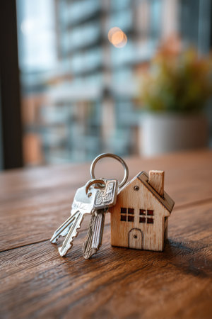 A close-up captures house keys and a small wooden house ornament on a wood table. The keys are silver, and the charm is a simple model of a house with cut-out windows. The lighting is soft, and a blurred background suggests an indoor setting. This image is suitable for real estate promotions and financial publications.の素材