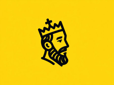 An illustration depicts a king's profile with a crown and beard against a yellow backdrop. The graphic employs a simple line art style. The color palette is limited to yellow and black. Suitable for various design applications, this image could serve commercial purposes or illustrate editorial content.の素材