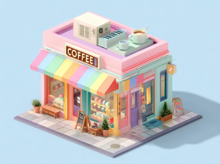 A whimsical isometric illustration depicts a vibrant coffee shop. Pastel colors, including pink, green, and rainbow hues, define the building. The scene shows a striped awning, open windows, and decorative elements. Suitable for diverse design projects, it is likely suitable for advertisements or editorial purposes, promoting a cafe or a similar business.の素材