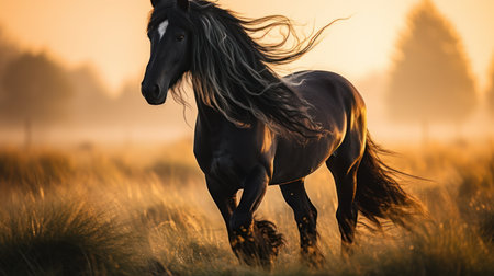 A striking black horse gallops freely across a field bathed in warm, golden light. The animal's long mane and tail flow in the breeze. The composition features soft textures and a shallow depth of field, with the sun low on the horizon, suggesting an outdoor setting. Suitable for various commercial and editorial applications.の素材