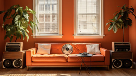 A stylish living room scene features an orange sofa flanked by speakers, with plants adding natural elements. Two windows allow for ample light, illuminating the space. The composition shows the interior decor in a warm, inviting style, potentially suitable for interior design projects or editorial purposes.の素材