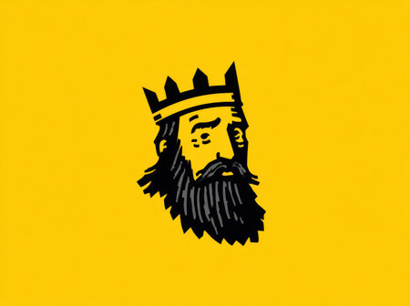 An illustrated portrait of a king features a crown and beard against a yellow backdrop. The artwork showcases bold lines and a graphic style with a two-dimensional composition. The lighting appears flat, emphasizing the color contrast and simplistic design. It can be utilized for various design and editorial projects.の素材