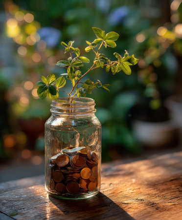 A glass jar filled with coins and topped with a small green plant stands on a wooden surface. The image features natural light and a shallow depth of field. The background shows blurred greenery. This composition could be used for financial, environmental, or conceptual illustrations.の素材