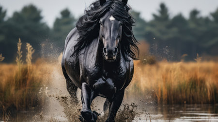 A powerful black horse charges forward, kicking up water and spray. The image showcases the horse in motion, with a focus on its dark coat and flowing mane. The background suggests a natural outdoor setting, possibly a marsh or wetlands, lit by soft natural light. This dynamic scene is suitable for various commercial uses.の素材