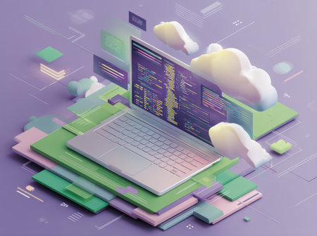 An isometric illustration depicts a laptop showcasing software code, accompanied by cloud shapes and geometric elements. The composition features a vibrant color palette of green, purple, and white, with stylized textures and lighting effects. The image suggests technological advancement, potentially suitable for digital media, design, or marketing content.の素材