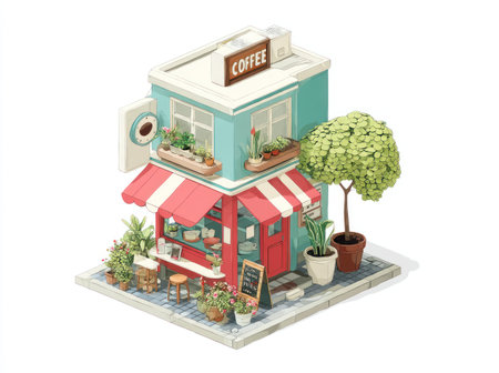 An isometric illustration depicts a small cafe. The building features a red and white striped awning, windows, and potted plants. A green tree sits beside the building. The overall composition shows a charming, detailed design. This image is suitable for various commercial uses.の素材