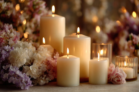 Several candles are lit, emitting a soft glow, and surrounded by colorful flowers. The scene features a mix of textures, from the smooth wax to the delicate petals, illuminated by warm lighting. This image is suitable for various commercial uses, including promoting relaxation or romance themes.の素材