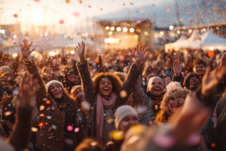 A crowd of people celebrate with arms raised, surrounded by falling confetti. The image features warm tones and golden sunlight, creating a festive atmosphere. This composition might be suitable for promotional materials, articles about events, or general celebratory themes. The scene likely takes place outdoors.の素材