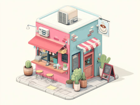 An isometric illustration depicts a whimsical coffee shop with a pink and turquoise exterior. The scene features a red awning, open windows, and various decorative elements. The style is cartoonish with soft lighting, hinting at a cheerful atmosphere. This image is suitable for various commercial uses, including advertisements and website design.の素材