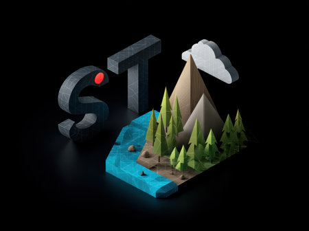 An isometric illustration depicts a stylized landscape featuring mountains, trees, and water. Rendered in a low-poly style with a dark background, the scene utilizes geometric shapes and diverse textures. The composition employs a palette of earthy tones with hints of blue, suggesting an outdoor environment. This visual is suitable for various commercial applications.の素材