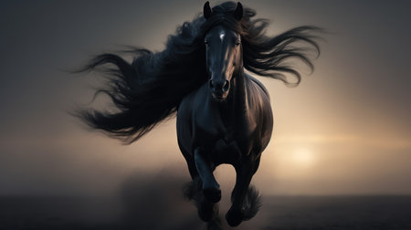 A powerful black horse is captured mid-gallop, showcasing its flowing mane and muscular form. The image presents dynamic movement with a neutral color palette. The lighting suggests a sunrise or sunset, creating a dramatic backdrop suitable for advertising and editorial purposes.の素材