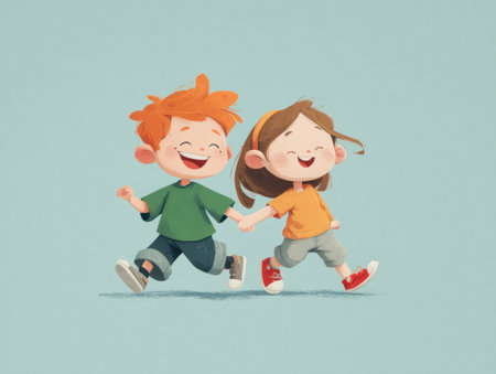 Two cartoon children, a boy and a girl, are depicted running and holding hands. The illustration features vibrant colors and a clean style. The composition suggests movement against a light blue backdrop, possibly indoors. It could be suitable for illustrations or designs for education or children's products.の素材