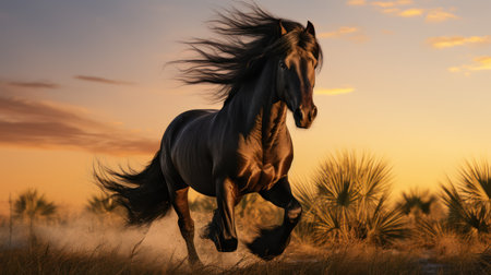 A dark horse runs powerfully across a field in the warm glow of a setting sun. The image features dynamic composition, with the horse's mane and tail flowing. The style is illustrative with rich colors. Suitable for various projects including advertising and editorial uses.の素材