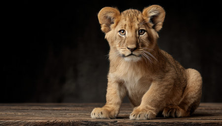 A close-up portrait showcases a young lion cub with a soft, golden coat, sitting on a wooden surface. The composition is simple, featuring a dark background that highlights the cub's features. The lighting is soft, creating depth and dimension, ideal for various commercial and editorial projects.の素材