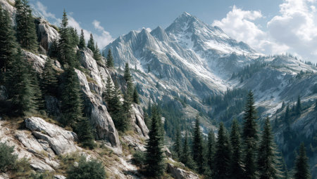 An image captures a mountainous landscape dominated by rocky peaks and patches of evergreen trees. The composition utilizes natural lighting, accentuating textures and shadows on the slopes. The scene implies a wilderness environment, perfect for editorial purposes or to represent natural scenery.の素材