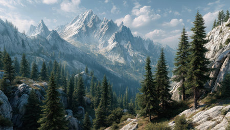 This scenic landscape features a towering mountain range, its peaks dusted with snow, under a partly cloudy sky. The foreground is filled with evergreen trees and rocky terrain. The image's composition and natural lighting suggest potential use in travel, environmental, or educational materials. The artwork could also be used in print or digital design.の素材
