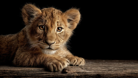 A close-up captures a lion cub resting on a wooden surface against a dark backdrop. The cub displays a light brown coat, with detailed fur texture and intense gaze. The composition uses shallow depth of field, with soft lighting, and creates a sense of focus. Suitable for wildlife, nature, and educational uses.の素材