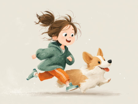 A young girl runs playfully alongside a corgi dog in this watercolor illustration. The artwork features soft textures and a warm color palette dominated by greens, oranges, and browns. The composition presents a dynamic scene, suggesting motion against a simple, neutral background. Suitable for various editorial and commercial applications.の素材