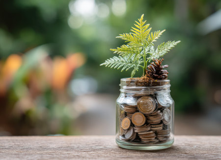 A glass jar brimming with coins showcases a growing green plant, set against a blurred background. The image presents a clear composition with a mix of earthy tones and vibrant green. The lighting appears natural, suggesting an outdoor setting. This image could be used for financial or business-related themes.の素材