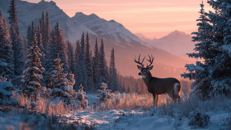 A deer stands amidst a snowy forest scene, illuminated by the soft light of a sunset. The composition features tall trees and distant mountains, with a blend of cool and warm colors. This image could be suitable for various uses, including editorial and commercial projects, evoking a sense of tranquility.の素材