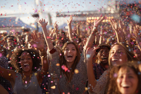 A large crowd of people with their hands raised in the air, captured in a moment of celebration. The scene features falling confetti and vibrant colors, illuminated by overhead lighting. The composition suggests a festive atmosphere possibly related to music or entertainment, suitable for promotional or editorial purposes.の素材
