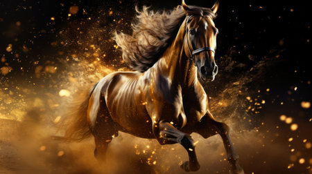 A brown horse is depicted mid-gallop, surrounded by glowing golden particles. The image features a dynamic composition, with the horse in a prominent position against a dark backdrop. The overall style is artistic, with vibrant colors and a sense of movement, suitable for various editorial and commercial applications.の素材
