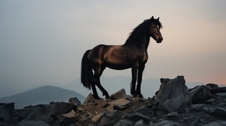 A single horse stands prominently on a rocky landscape, illuminated by soft natural light. The animal's dark coat contrasts with the muted colors of the sky. The composition showcases the horse's form and posture, suggestive of freedom. Suitable for various projects, including editorial features and commercial advertising.の素材