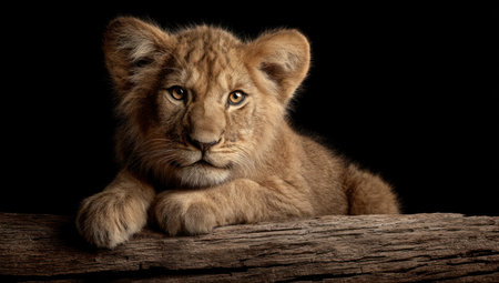 A lion cub is the central subject, resting on a wooden log. The animal displays a light brown fur, with focused eyes. The image uses a dark background, creating a visual contrast that highlights the cub's form. Suitable for various projects including advertising, print media, and editorial content.の素材