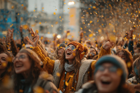 A diverse crowd of people is captured in a moment of celebration, their faces lit with joy as confetti fills the air. Warm colors and soft focus create a festive atmosphere. The image showcases a lively event, potentially suitable for promotional material or editorial content related to celebrations or community.の素材