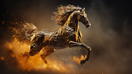 A dark horse is captured in a dynamic pose against a shadowy backdrop. The image utilizes warm colors, with hints of gold and orange accents, suggesting energy and movement. The composition features dramatic lighting effects, adding depth. It could be suitable for various commercial purposes, including advertising and editorial illustrations.の素材