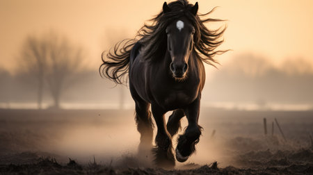 A dark horse runs forward across a field, kicking up dust. The animal is the focal point, captured in action with flowing mane. The image displays warm color tones. The setting suggests an outdoor environment. This image could be used for various commercial or editorial purposes.の素材