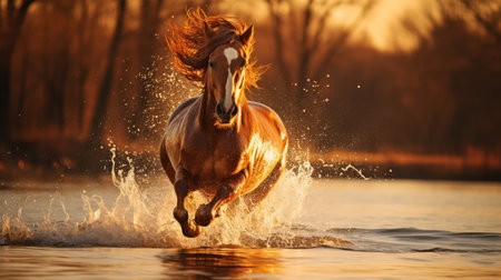 A brown horse gallops powerfully through water, creating a splash against a backdrop of warm sunlight. The image showcases the animal's movement and muscular build. The scene, bathed in golden light, suggests an outdoor setting, likely near a body of water. Suitable for various commercial and editorial applications.の素材
