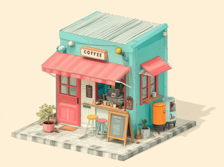 This illustration depicts a small coffee shop with an inviting aesthetic. The structure features a turquoise exterior, a red awning, and a tiled roof. The composition showcases a miniature cafe, complete with details such as seating and a sign. It could be used for various commercial projects and editorial content.の素材