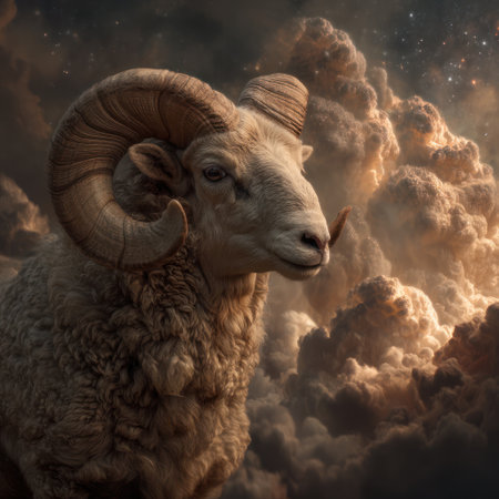 A detailed profile showcases a ram with large horns against a background of swirling, textured clouds. The artwork features warm tones and highlights, suggesting a dramatic setting. This image is suitable for various commercial purposes, including illustrations, designs, and conceptual visualizations, evoking a sense of power.の素材