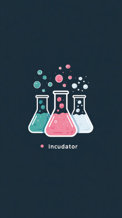 This illustration showcases three laboratory flasks with vibrant liquid and bubbles emanating from them. The design features a modern style with a dark backdrop, creating a contrast with the colorful elements. This image is well-suited for scientific articles, educational materials, and various commercial projects. The clean design also provides copy space.の素材