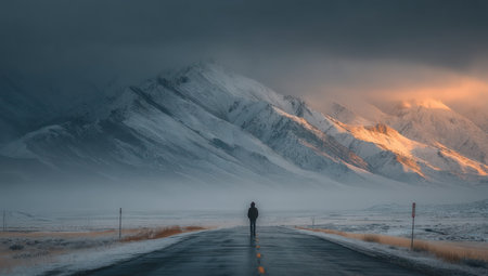 A solitary person walks along a road toward a distant mountain range covered in snow. The scene is bathed in cool tones with hints of warm light from the setting sun. The composition features a low angle and a wide view of the natural environment, suitable for various editorial and commercial applications.の素材