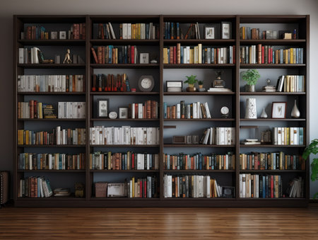 A wide bookcase dominates the scene, densely packed with books of various sizes and colors. Decorative objects, clocks, and small plants punctuate the rows. The lighting suggests an indoor setting with a warm ambiance. This image can be used for editorial content or commercial projects related to literature, education, or home decor.の素材