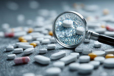 A magnifying glass rests over scattered pills, showcasing a close-up examination. The image features a shallow depth of field, with soft focus on the pills. Various colors and shapes of pills suggest a variety of medications, suitable for healthcare and medical applications.の素材