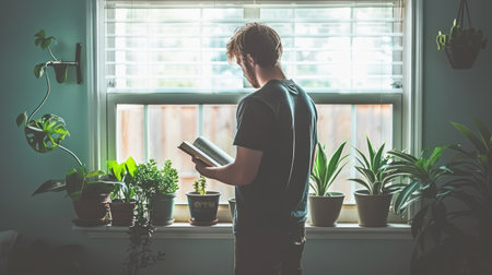 A man is reading a book, standing in front of a window lined with potted plants. The image showcases soft natural lighting. Various shades of green and brown are the predominant colors. This composition could be used for lifestyle blogs, book promotions, or general editorial content.の素材